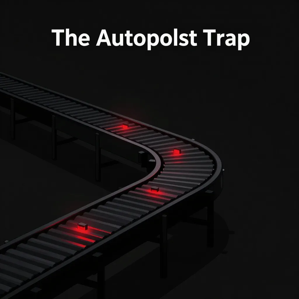 A minimalist scene where an automated conveyor belt moves smoothly but has subtle signs of malfunction like...