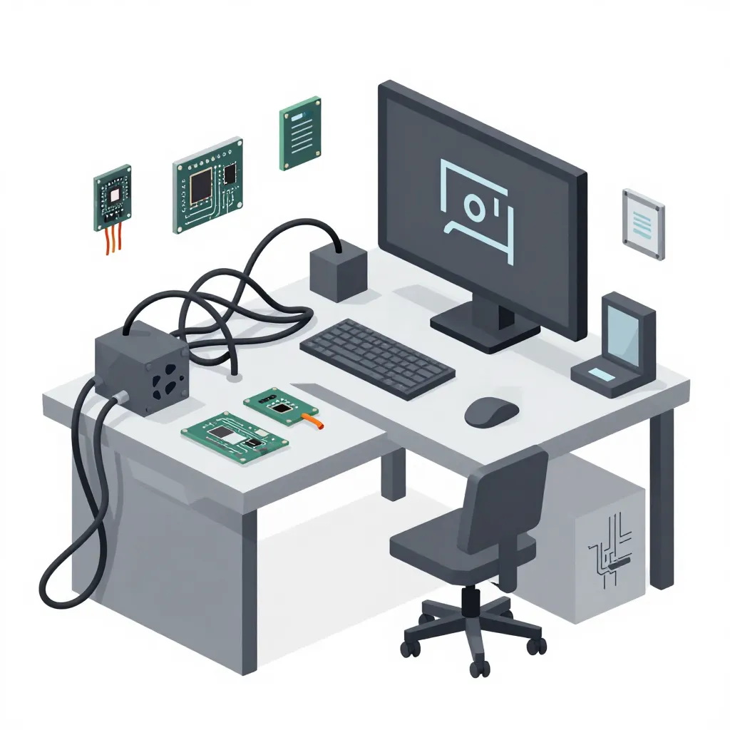 a cluttered desk with scattered cables, hardware components, and circuit boards, symbolizing the potential chaos and...