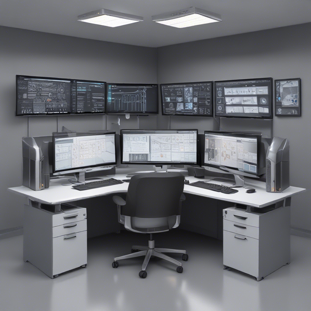 A modern office workspace with IT professionals configuring network security settings on multiple screens. ||pexels:workspaces||