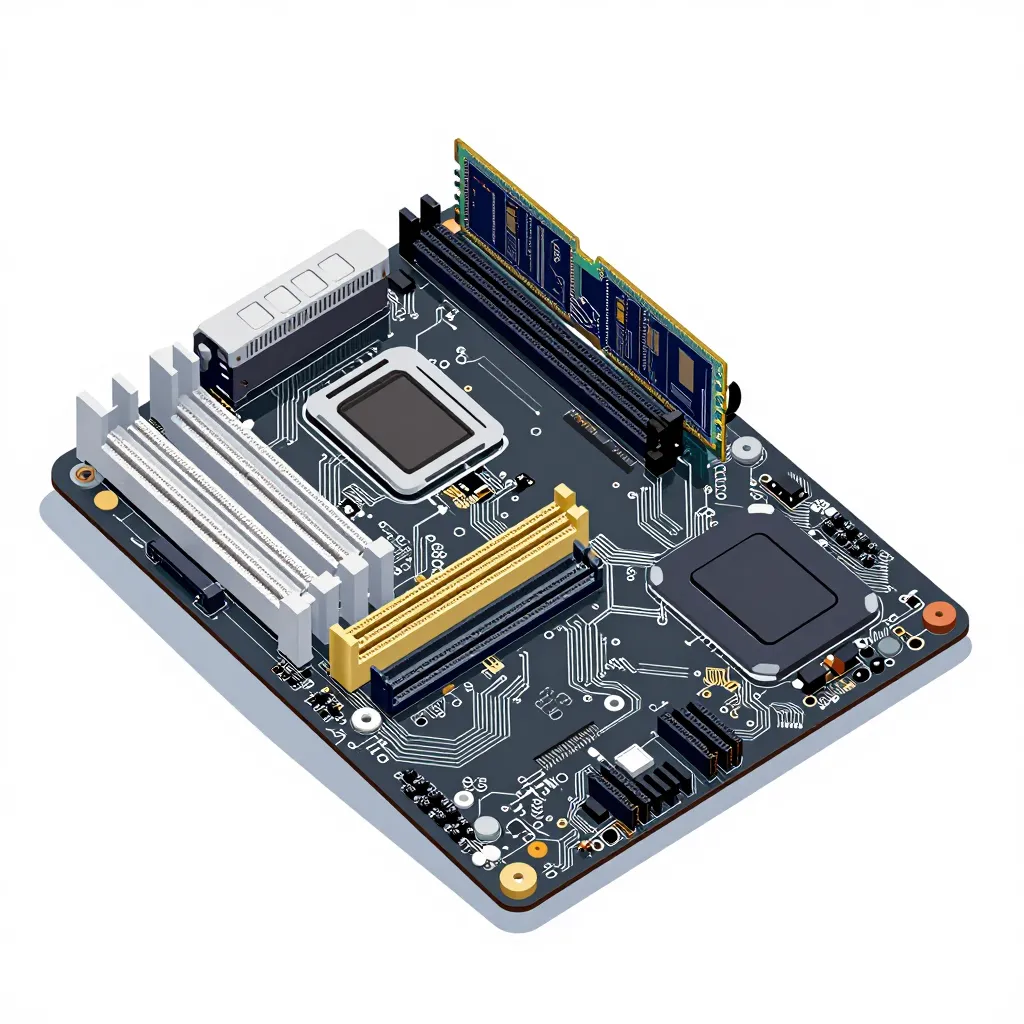 Isometric computer motherboard showing CPU socket, installed RAM module, PCIe slots, and circuitry.