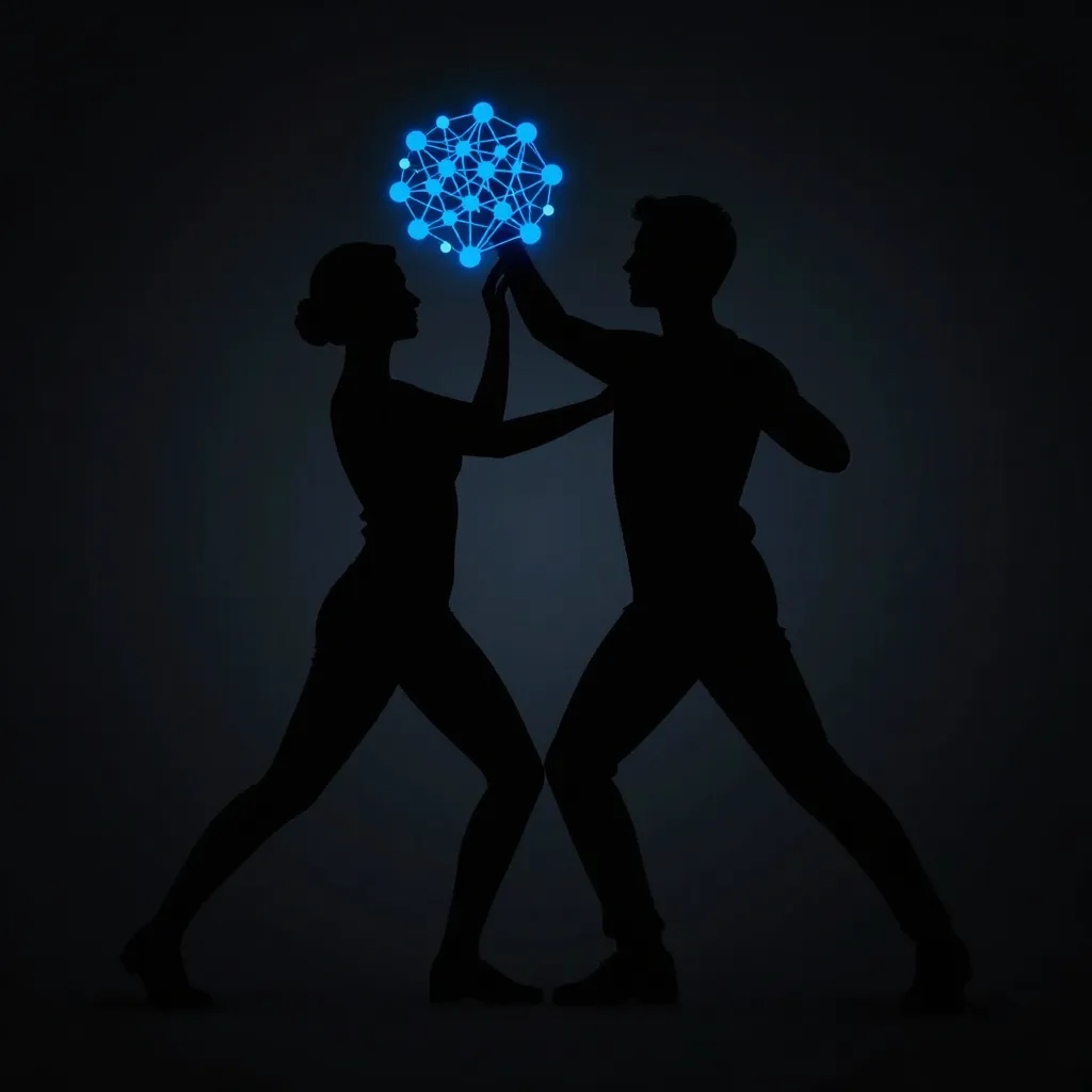 Two silhouetted figures dance, hands raised to a glowing blue network sphere.
