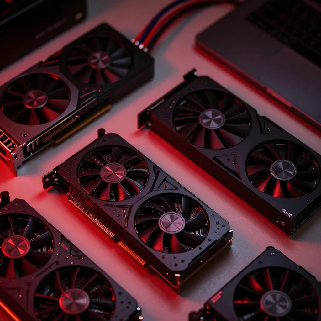 Close-up image of a variety of GPUs arranged on a workbench with cables and circuit boards visible, emphasizing the...