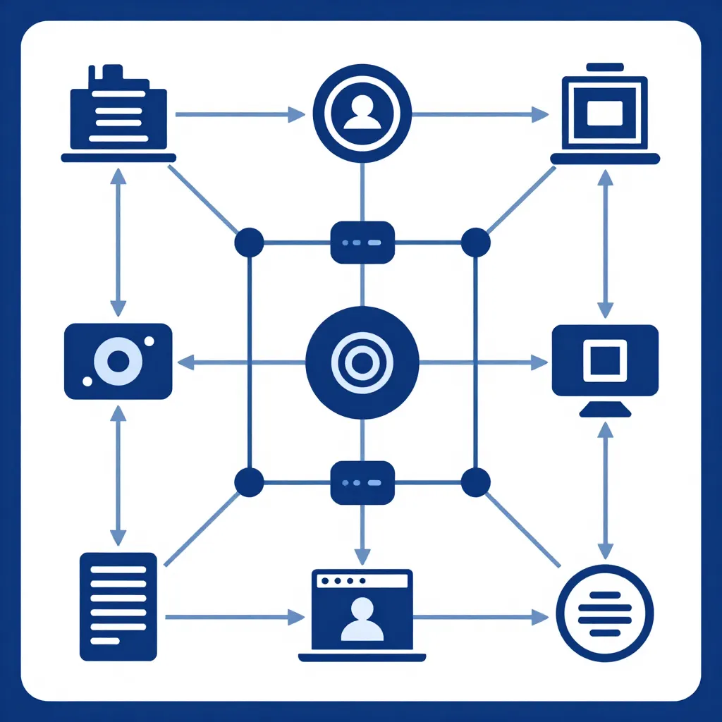 Blue icons (printer, user profile, laptop, camera, document, monitor, web browser) interconnected by lines on white...