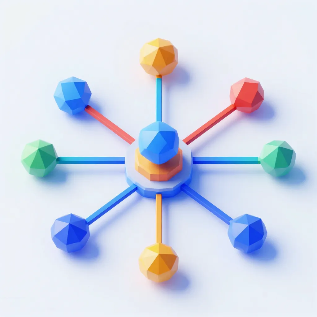 Central blue polyhedron with orange base linked by colorful rods to eight outer polyhedrons (yellow, blue, green, red).