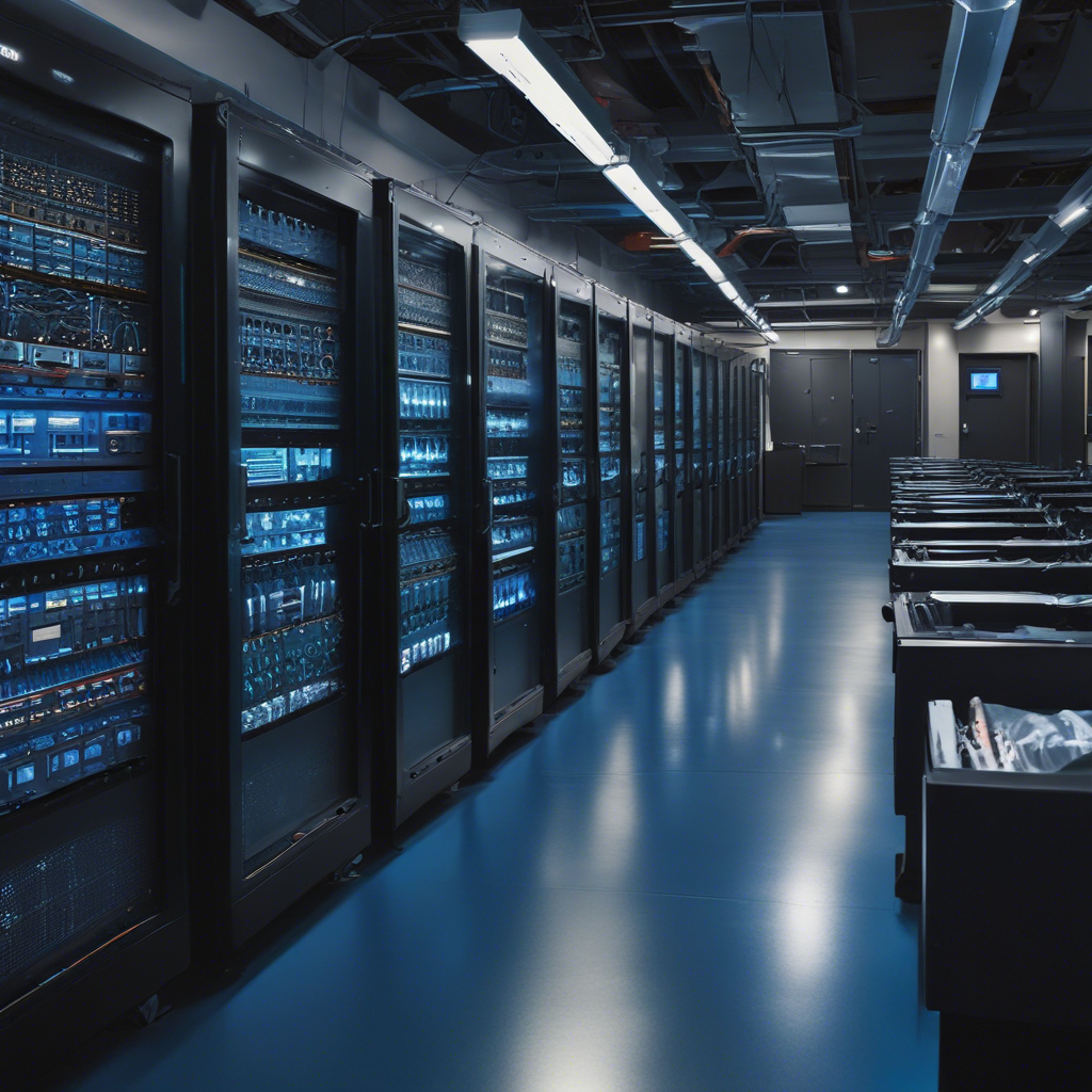 server room with visible power meters and cooling systems, focus on energy efficiency indicators, slightly blurred...