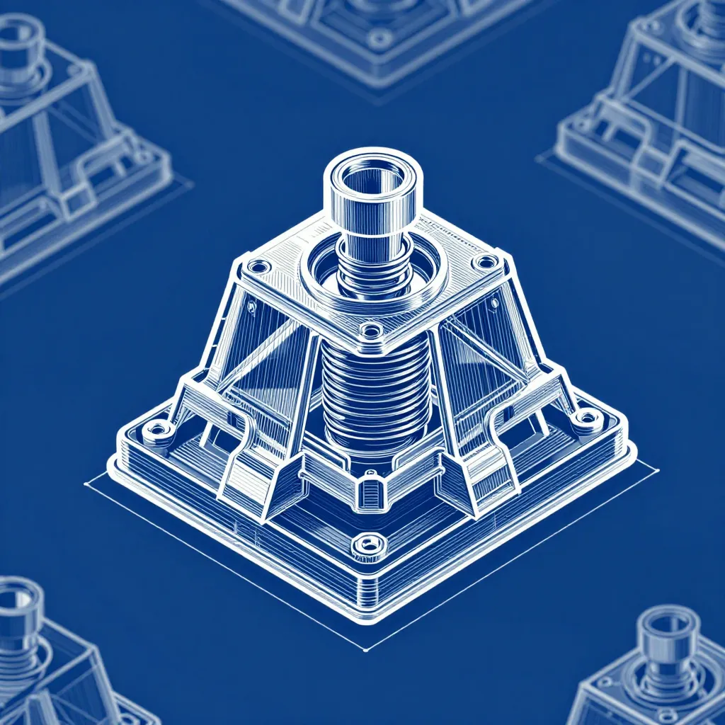 Blue background with white line - drawn mechanical components, central spring - loaded part surrounded by similar...