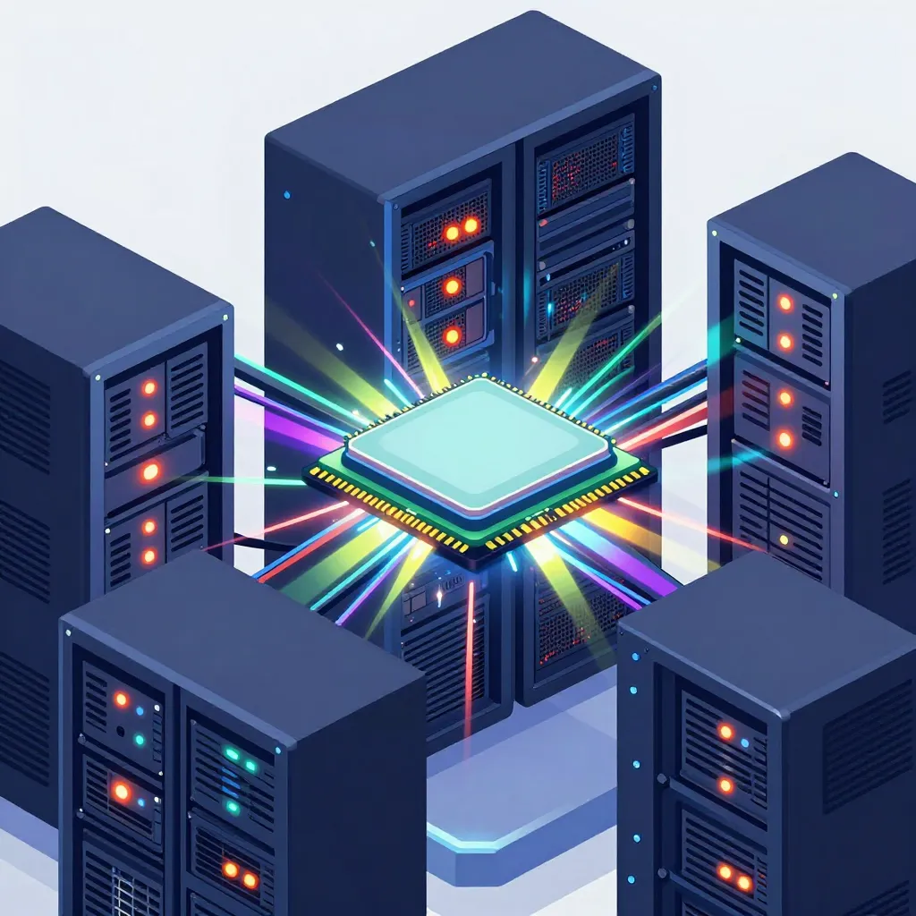 Dark blue server towers surround a central CPU chip emitting colorful light beams.