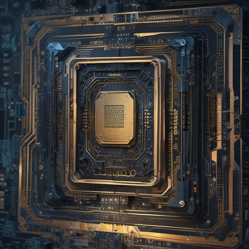 Close-up shot of a high-performance GPU with intricate cooling system and circuit board details, focus on the chip...