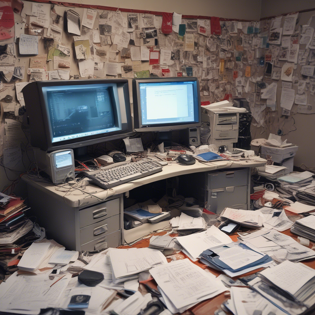 A cluttered desk with outdated security devices like old firewalls and antivirus software, symbolizing the vulnerabilities in traditional security sys