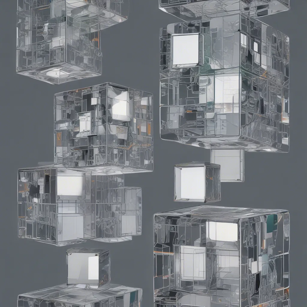 Transparent cubes with reflective surfaces and internal structures float on a gray background.