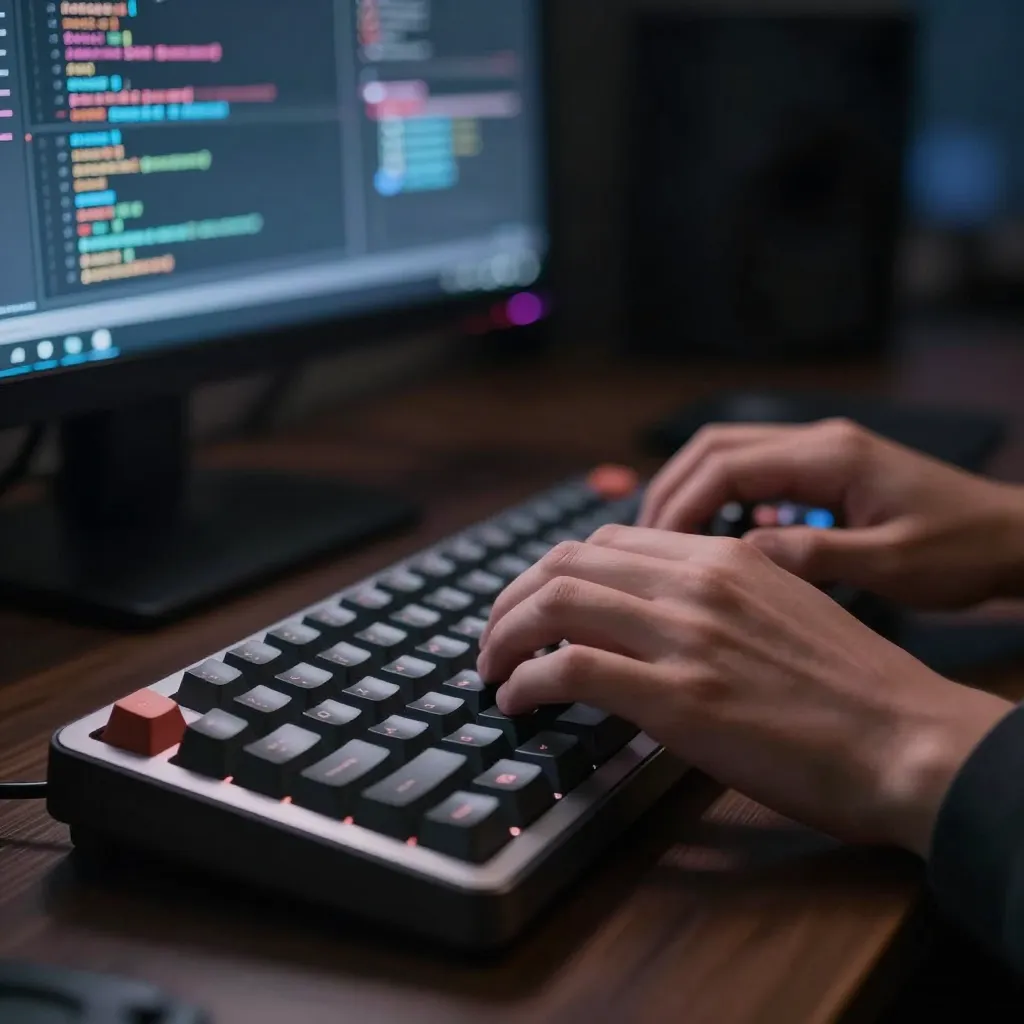 Hands type on a backlit mechanical keyboard; monitor displays colorful programming code.