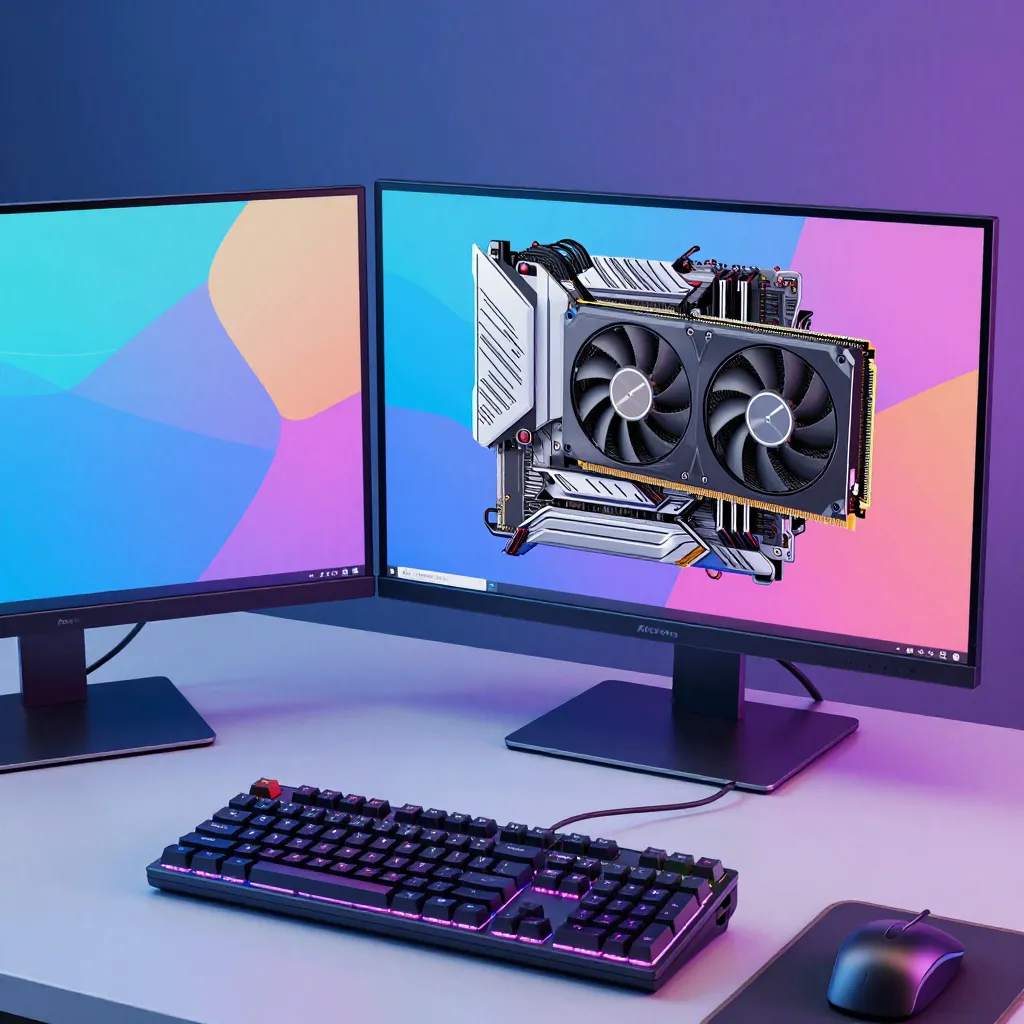 Two monitors display colorful abstract shapes and a graphics card image; black backlit keyboard and mouse on desk.