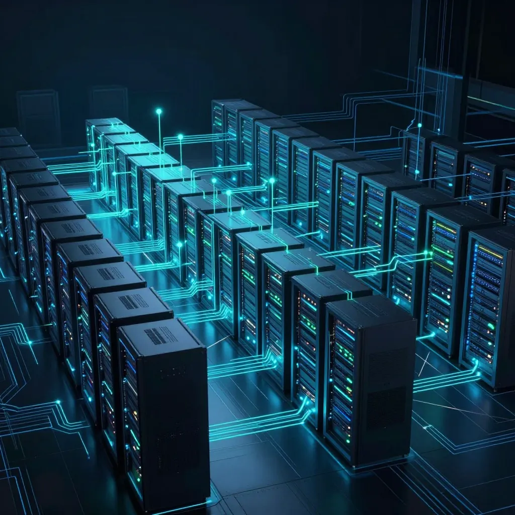 Rows of black server racks connected by blue illuminated circuit lines in a dark room.