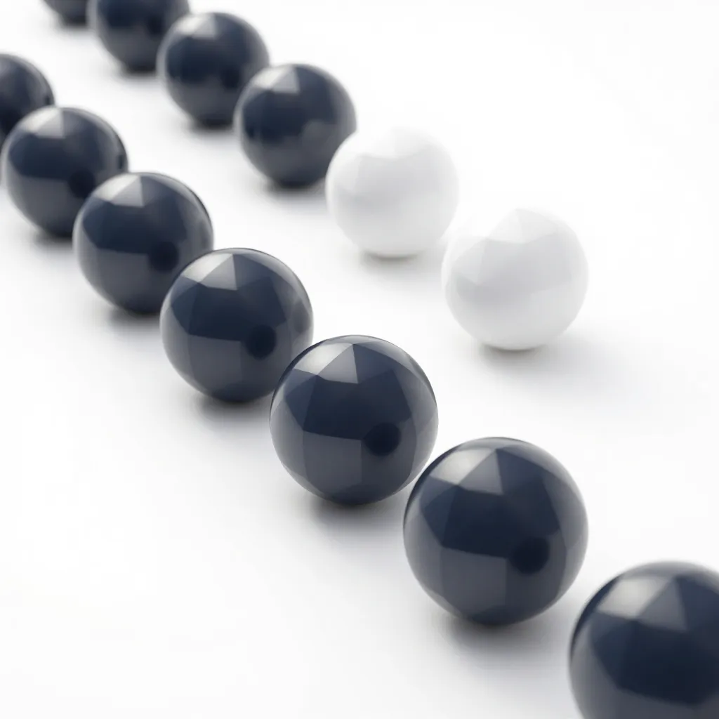 Dark blue and white spherical objects arranged on a white surface.