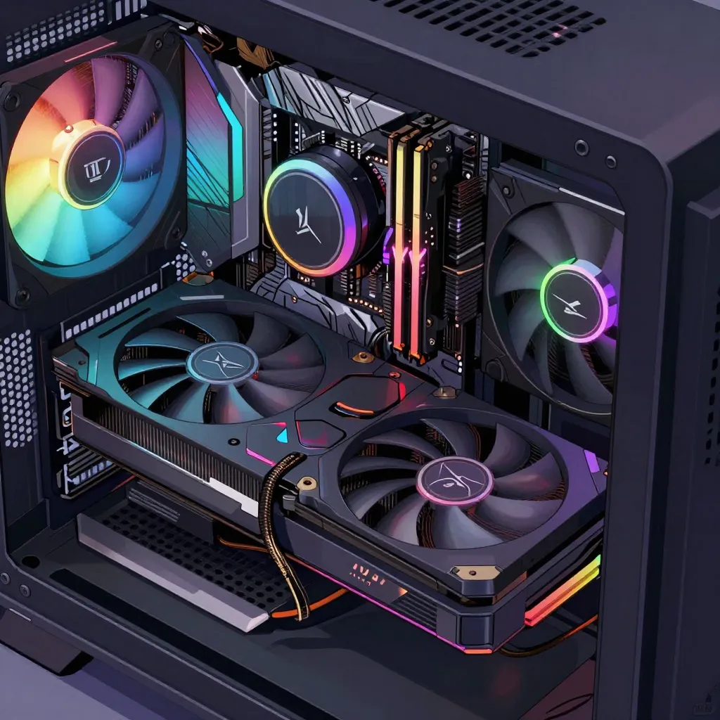 PC case interior with RGB fans (rainbow, purple-green) and dual-fan graphics card.