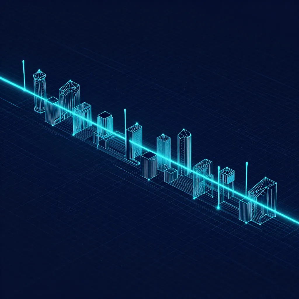 Blue wireframe city buildings on dark grid background with glowing cyan line.