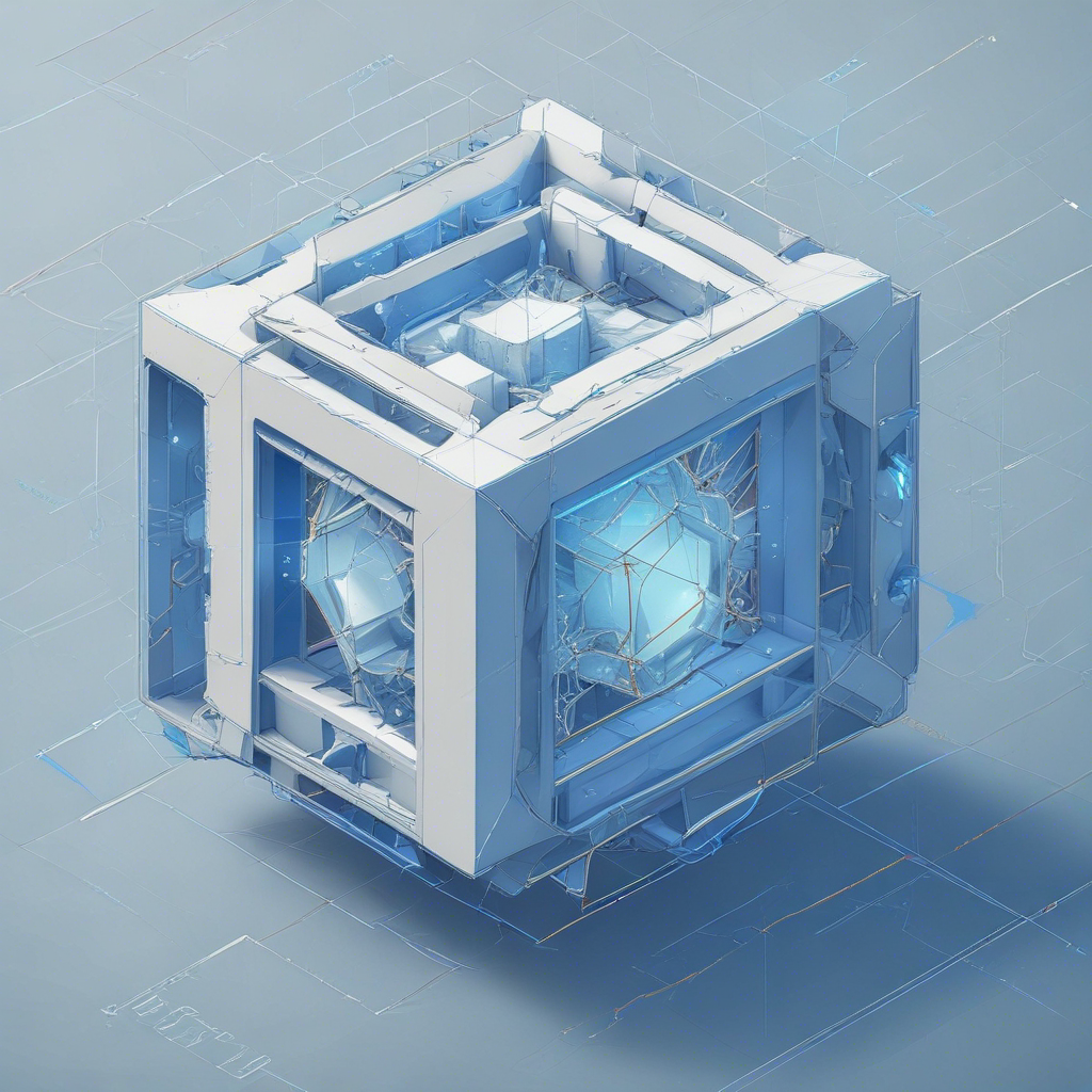 Transparent blue and white cube with cracked glass panels on a light gray grid background.