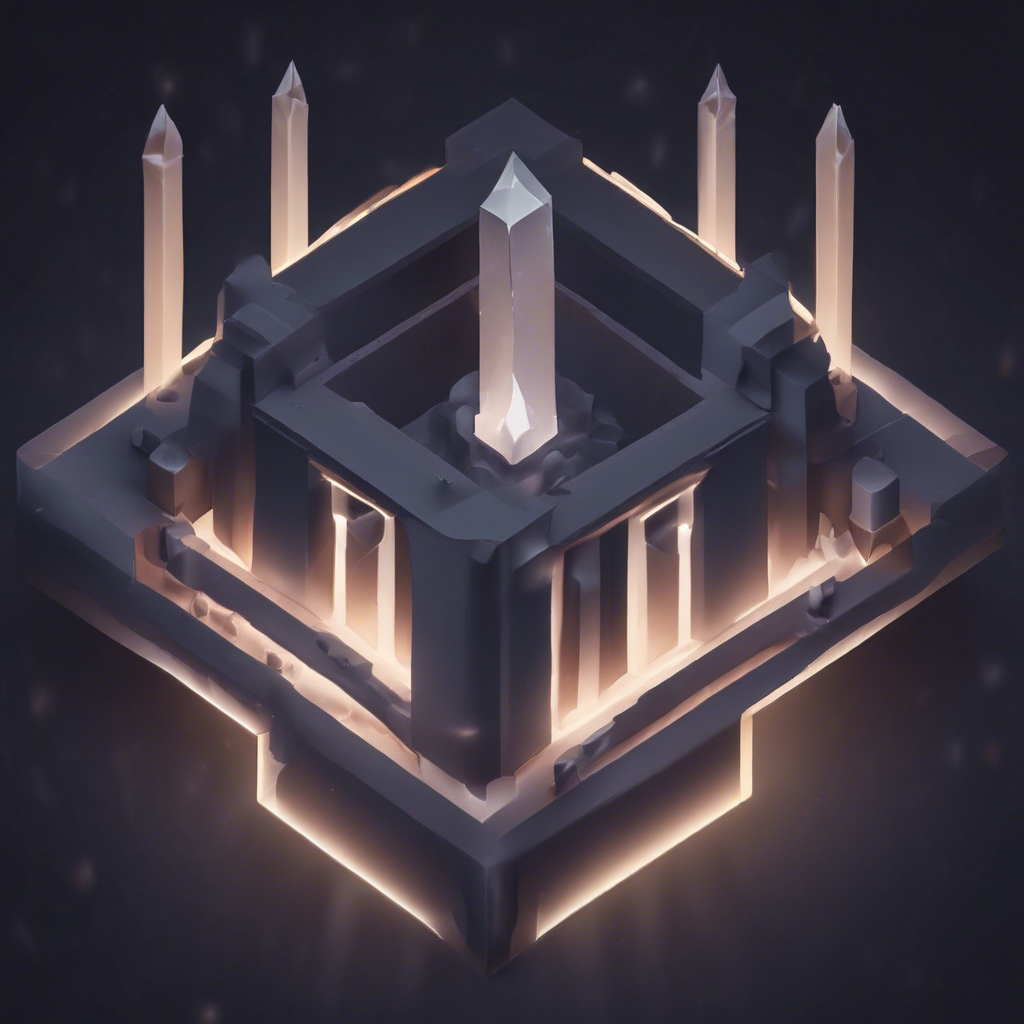 Isometric dark stone structure with central crystal spire, four corner crystals, and glowing edge lights.