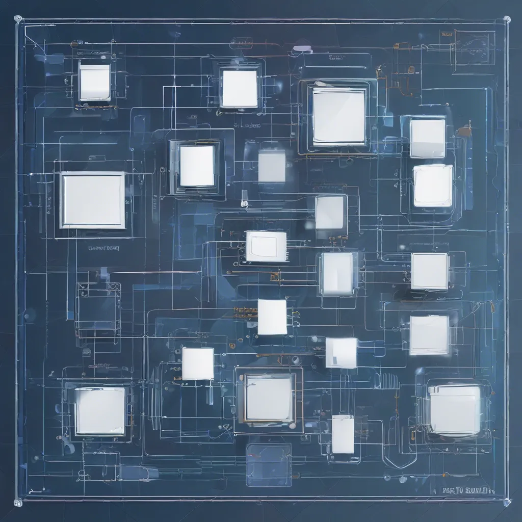 Blue circuit board with interconnected white square components and lines on dark background.