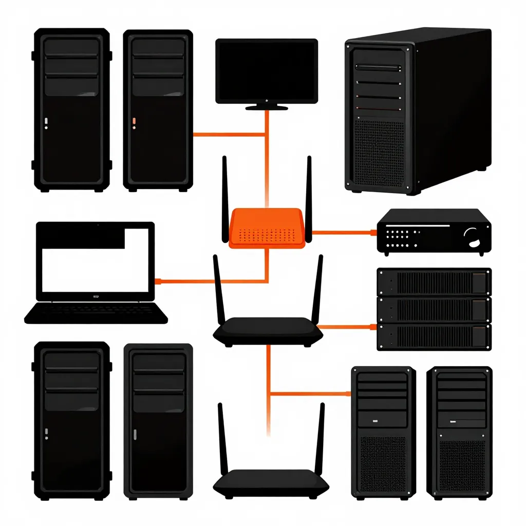 Black computer towers, monitor, laptop, and wireless routers interconnected by orange cables.