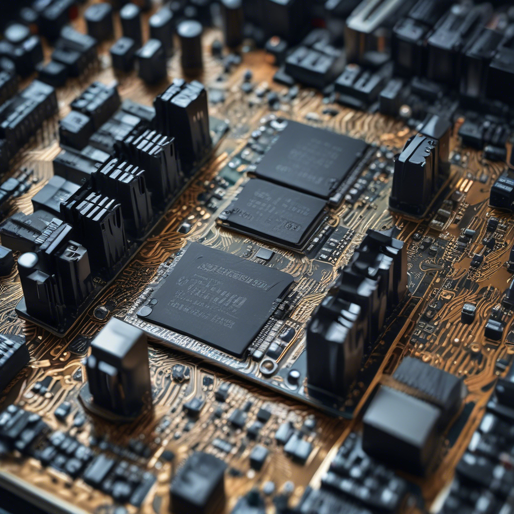 Close-up of a circuit board with black integrated circuits, capacitors, and copper traces.