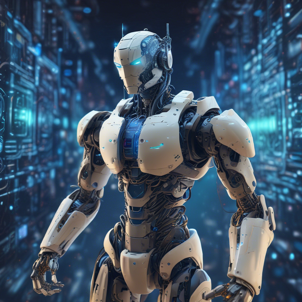 A minimalist scene depicting an AI-powered robot managing various tasks autonomously in a digital workspace, with lines of code flowing in the backgro