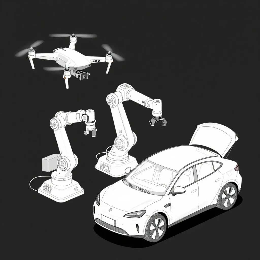 White drone, two robotic arms, and a white car with open trunk on black background.