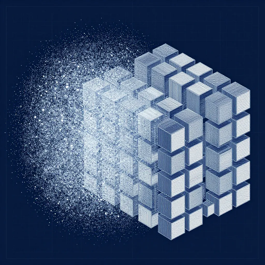 3D cube structure of smaller cubes with particles dispersing from its left side against a dark blue grid background.