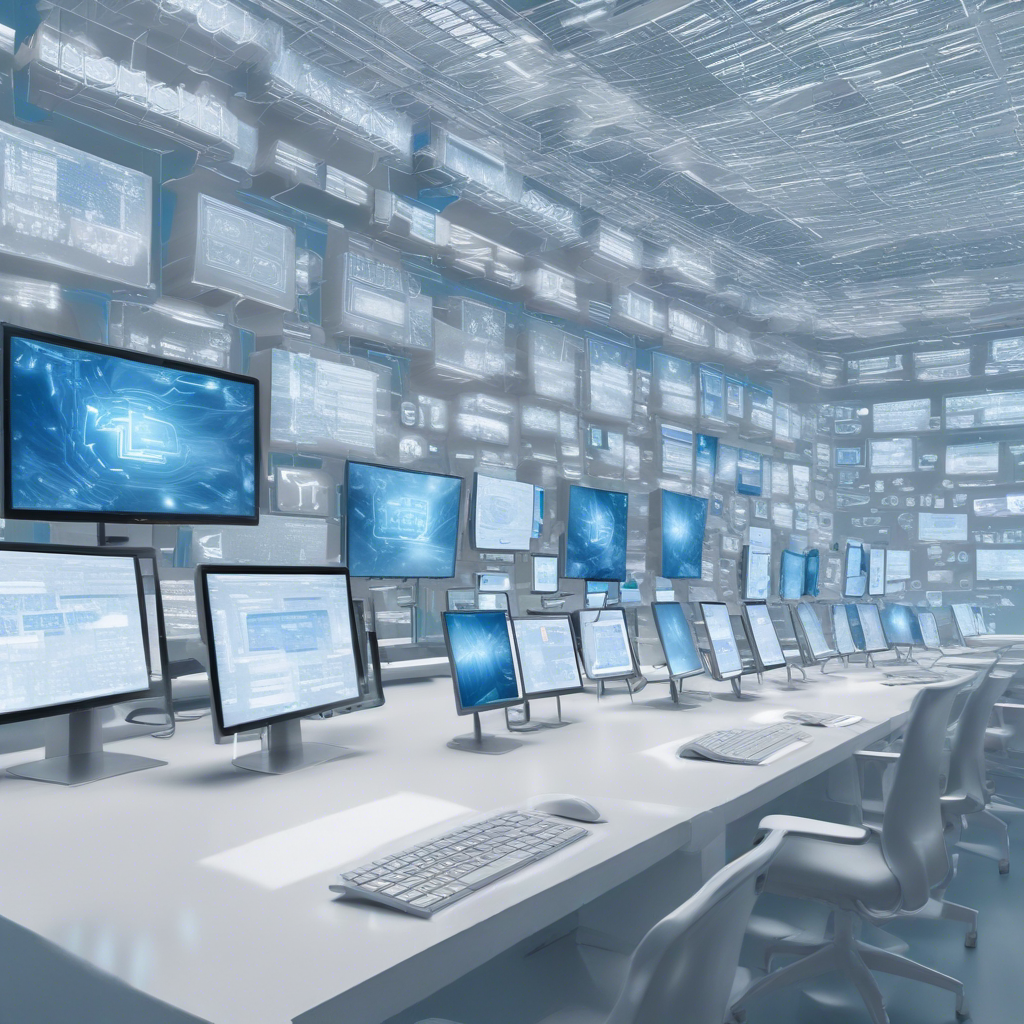 A developer working at a desk with multiple monitors displaying cloud interfaces, emphasizing ease and efficiency in...