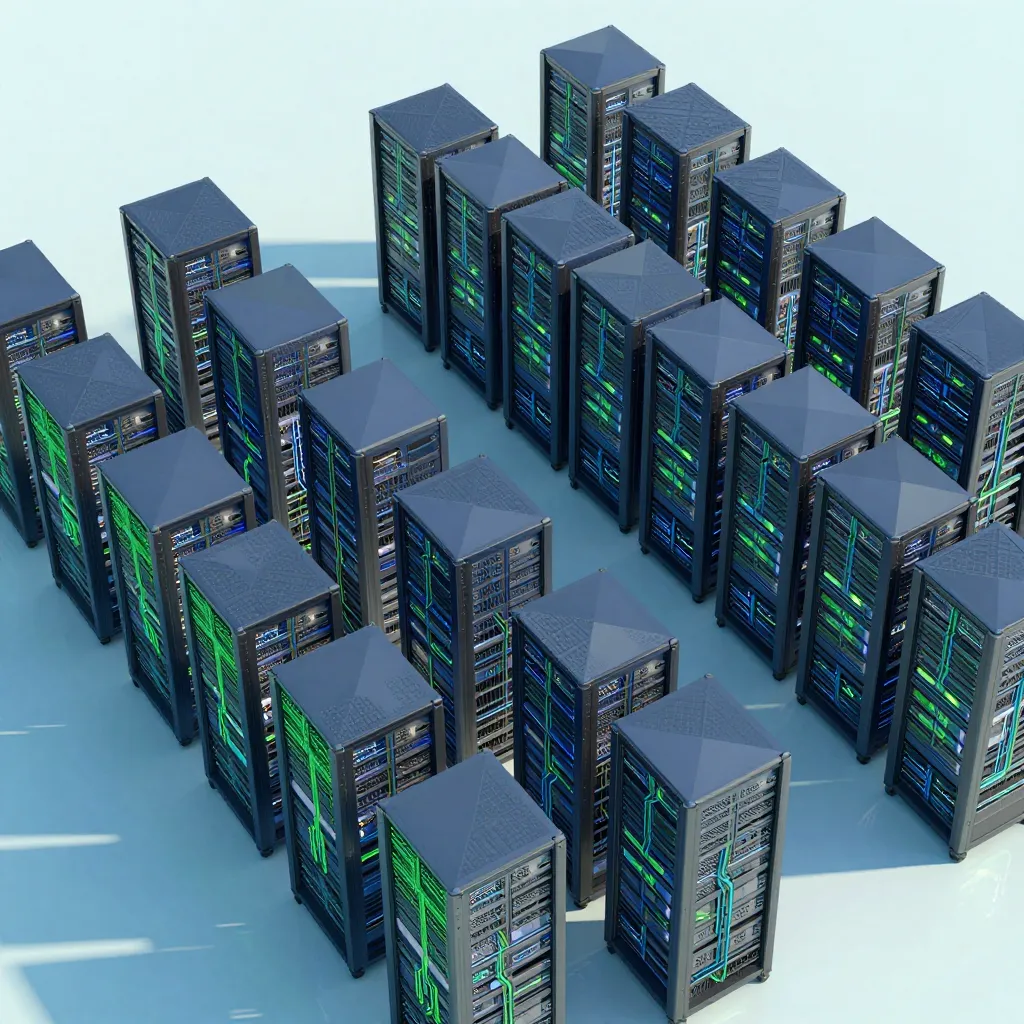 Rows of black server racks with glowing green and blue circuit lines on a light blue floor