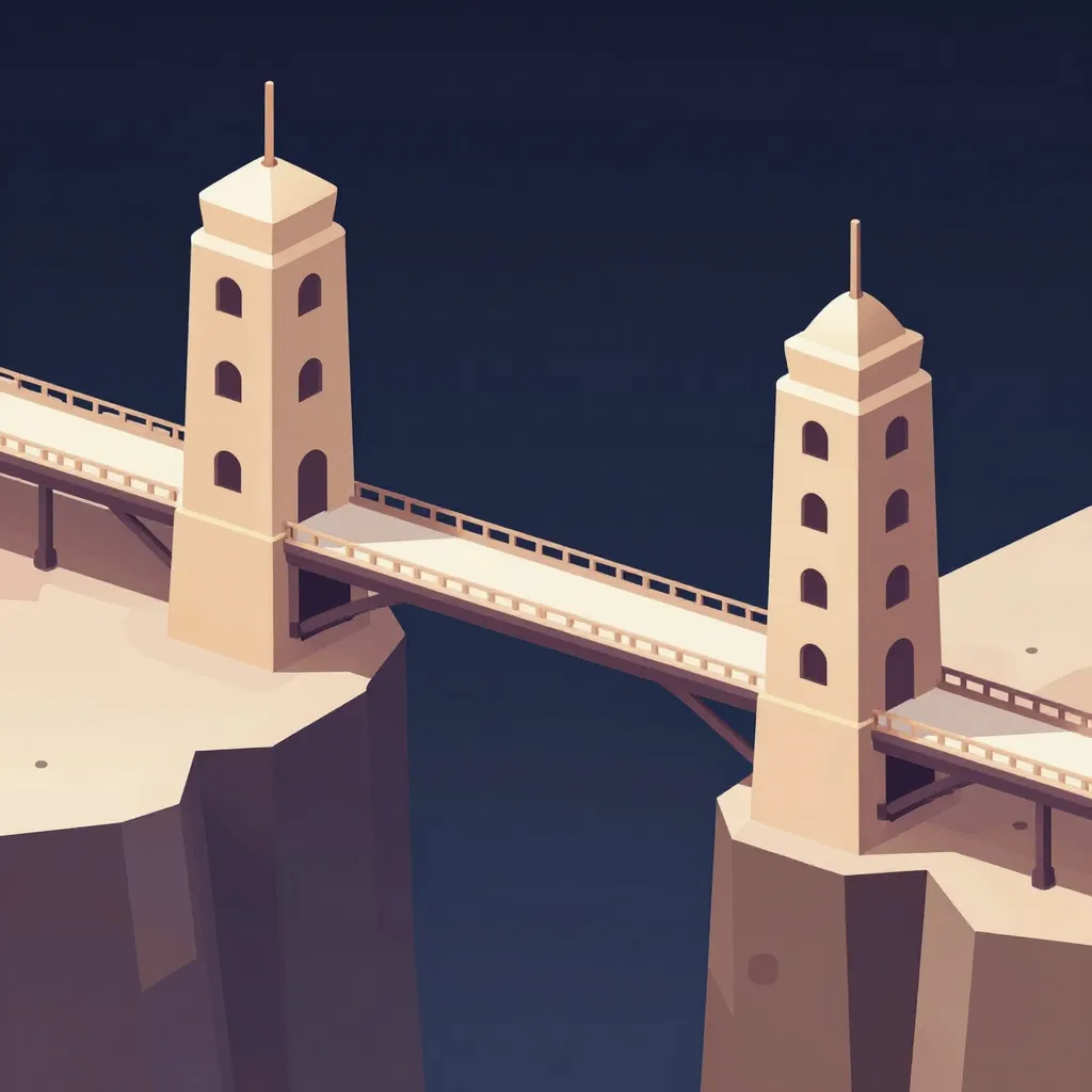 Two beige towers with arched windows connect via a bridge spanning a deep chasm against dark blue sky.