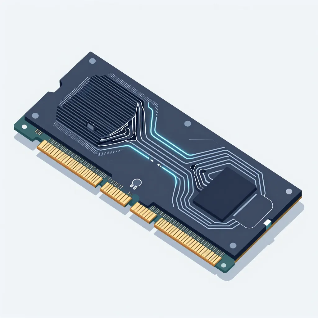 Dark blue circuit board with gold edge connectors, light blue traces, a heat sink, and two black components.