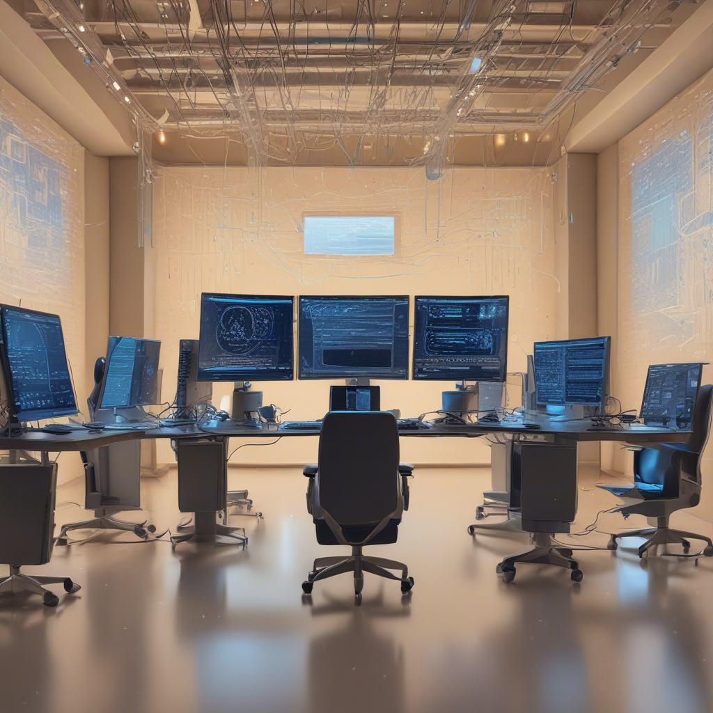 A photo capturing a team in a modern office environment, looking intently at multiple screens filled with code and data analytics.