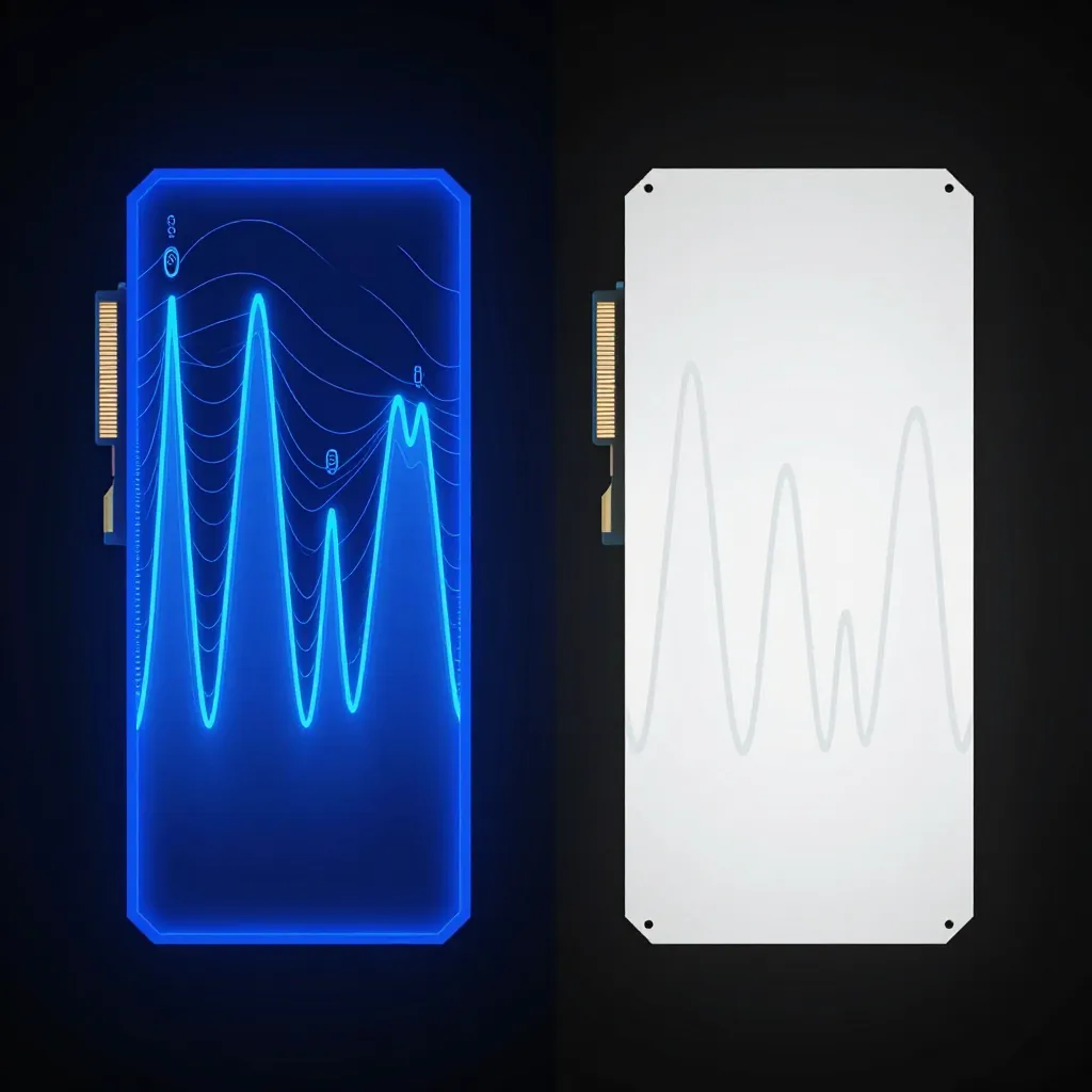 Two rectangular panels side by side; left is blue with bright blue waveforms, right is white with faint gray waveforms.