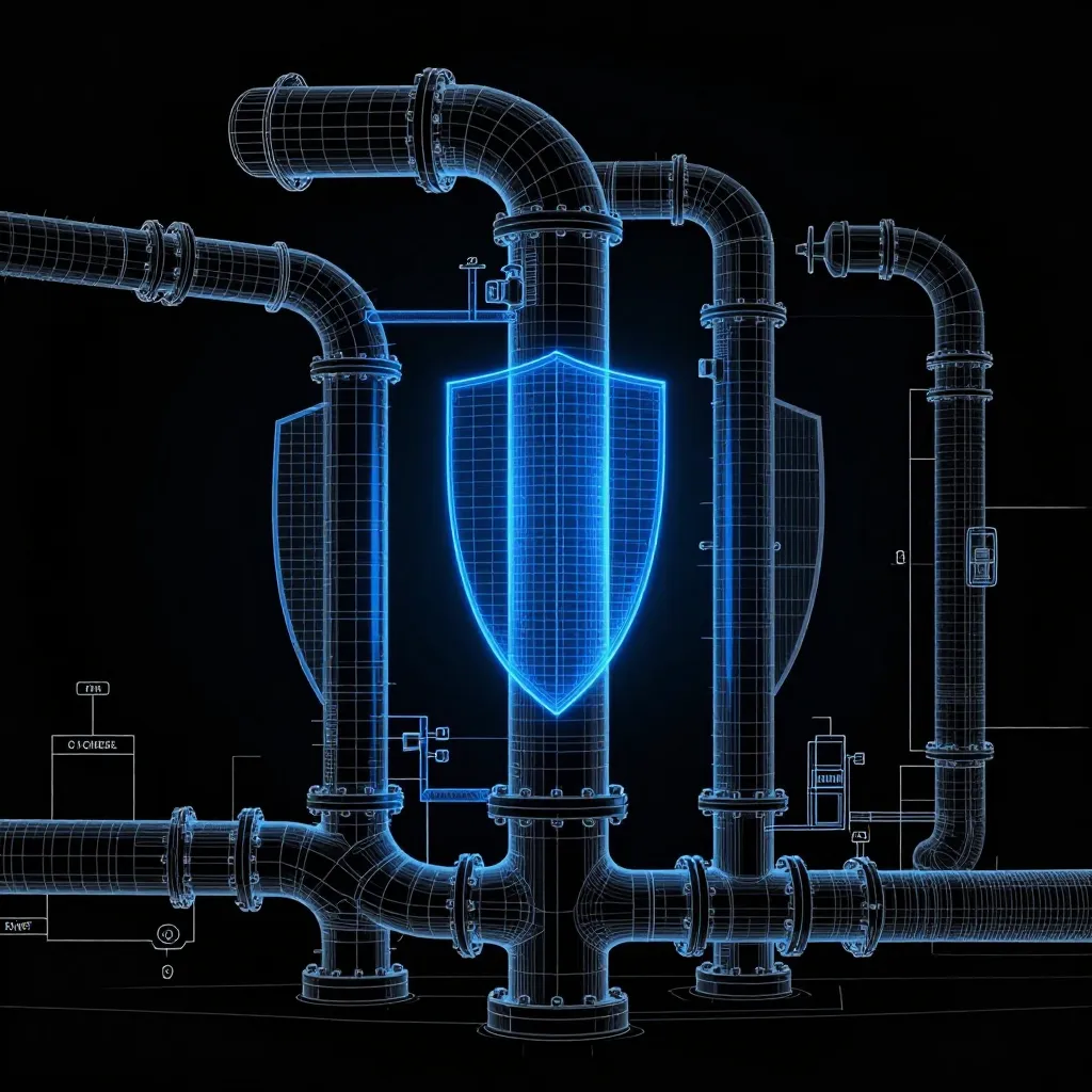 Blue wireframe industrial piping system with central glowing blue shield on black background