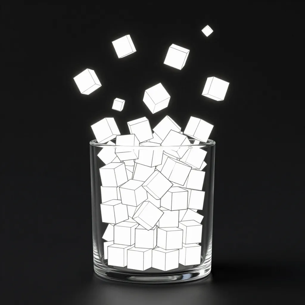 White cubes fill and float above a clear glass on a black background.