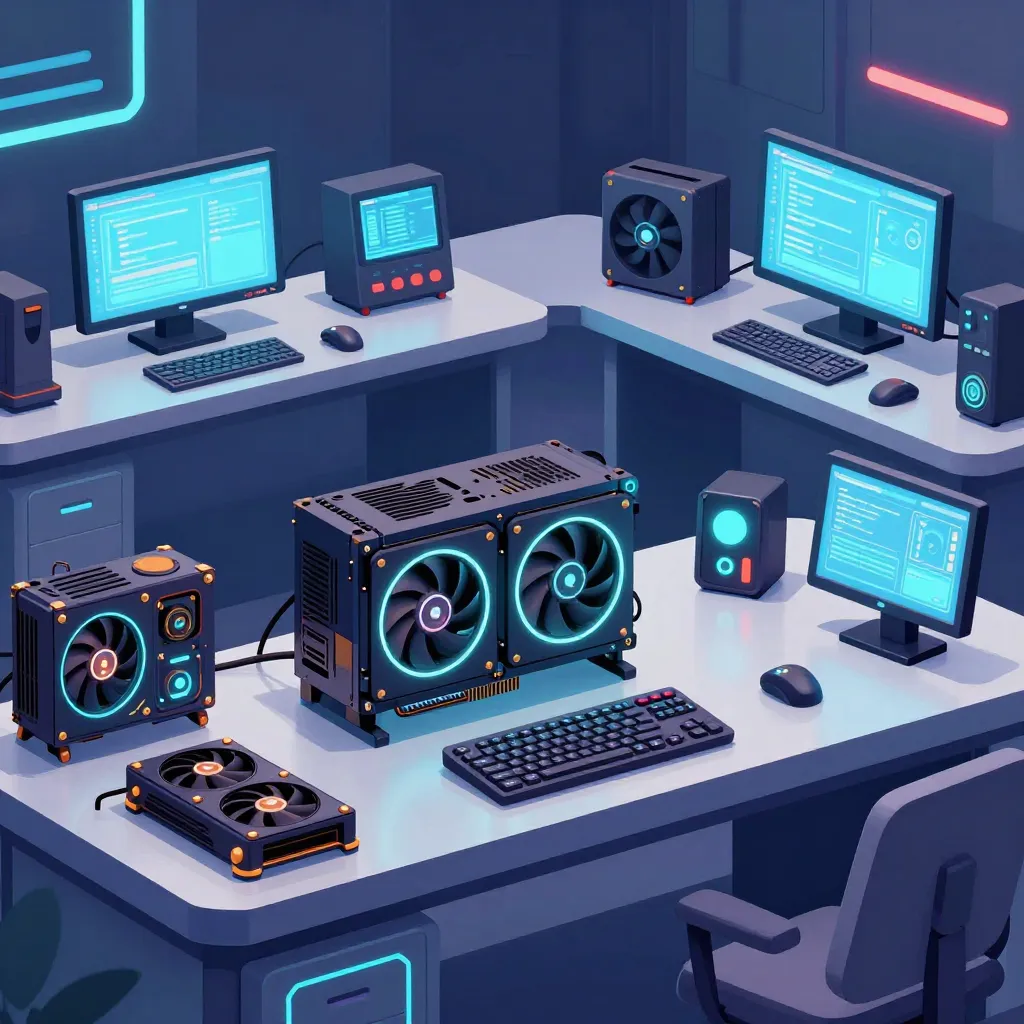 Workstations with monitors displaying code, keyboards, mice, and custom PC hardware including dual-fan GPUs with...