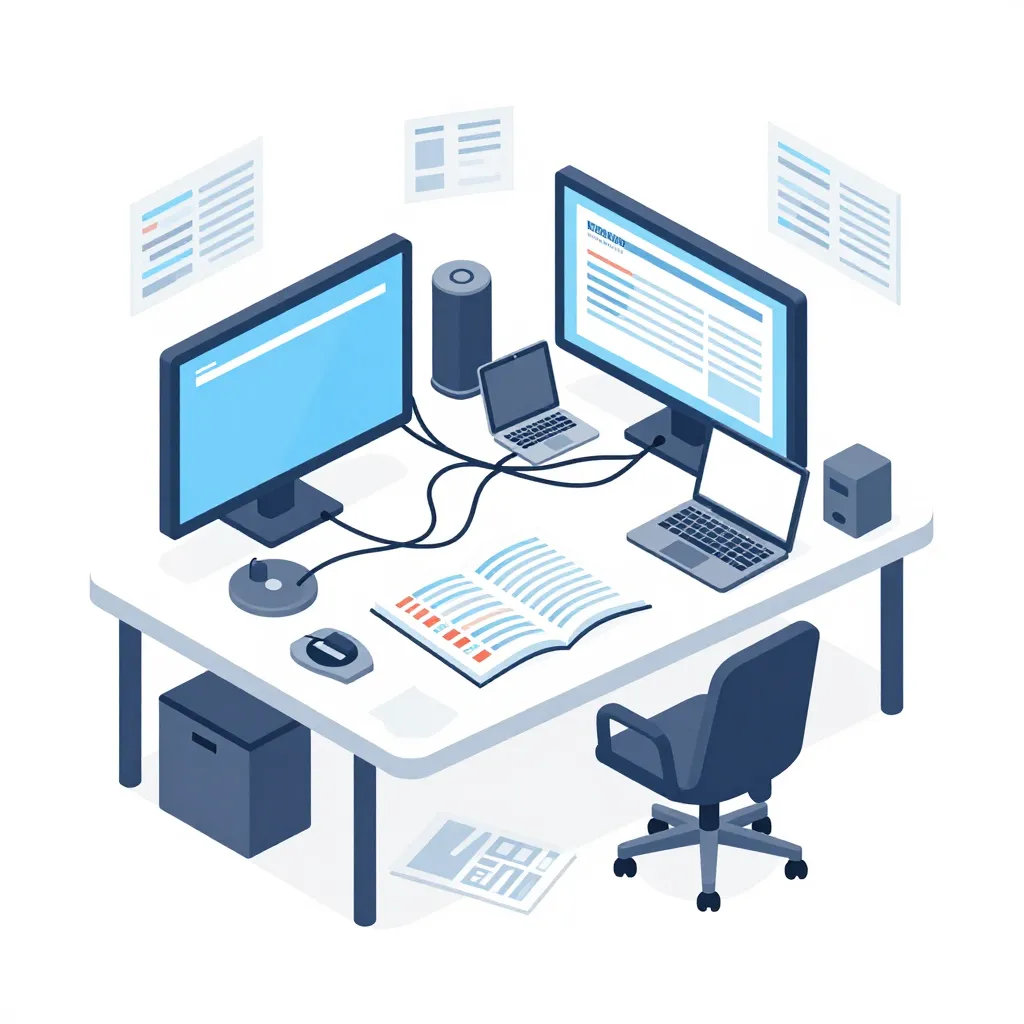 a cluttered desk with various technological devices, cables, and open budget spreadsheets scattered across it to...