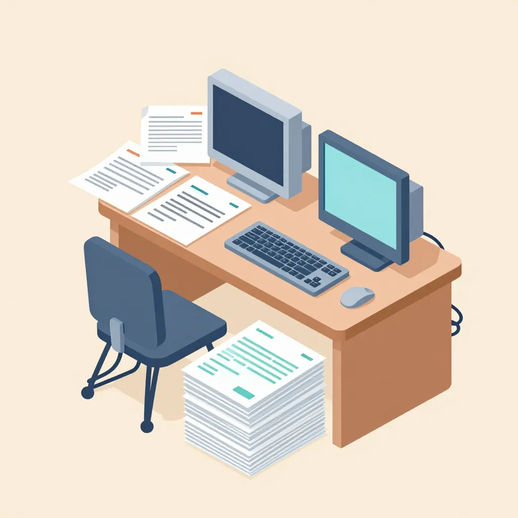 Wooden desk with two computer monitors, keyboard, mouse, scattered papers, and a tall paper stack beside a blue...