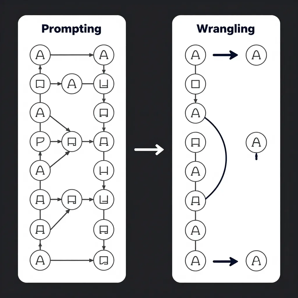 Two panels: left 'Prompting' shows complex node network (A, □, P); right 'Wrangling' has simplified vertical A...