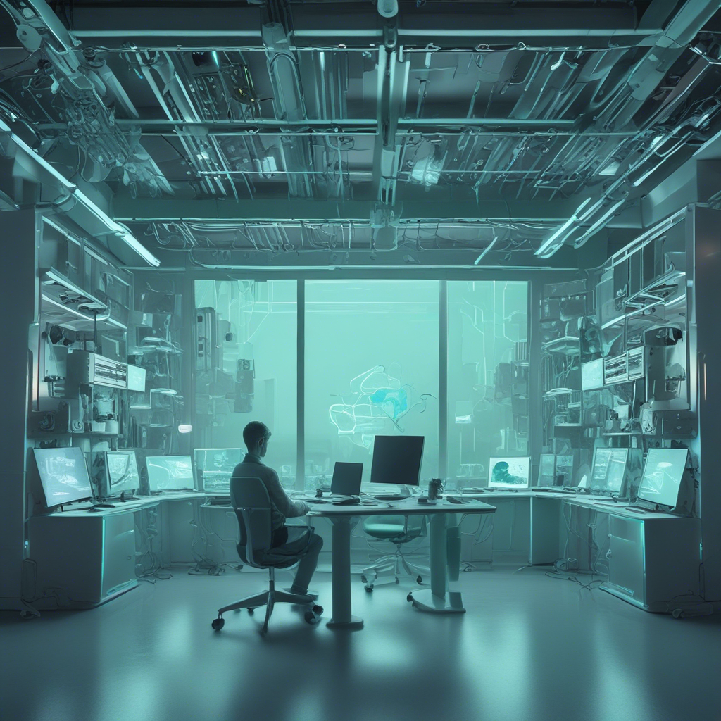 a photo of a single developer working at a desk with multiple monitors, surrounded by tech gadgets and AI-related...