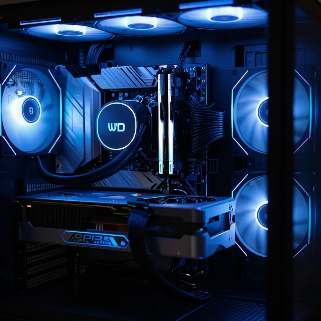 Computer case interior with blue LED fans, WD CPU cooler, R9 graphics card, and RGB RAM.