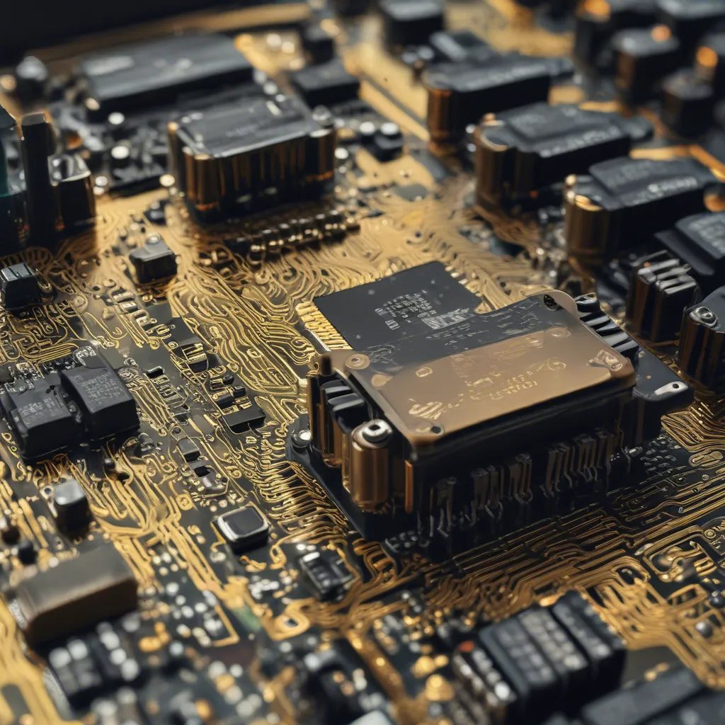 Printed circuit board with intricate gold conductive traces and multiple black integrated circuits.