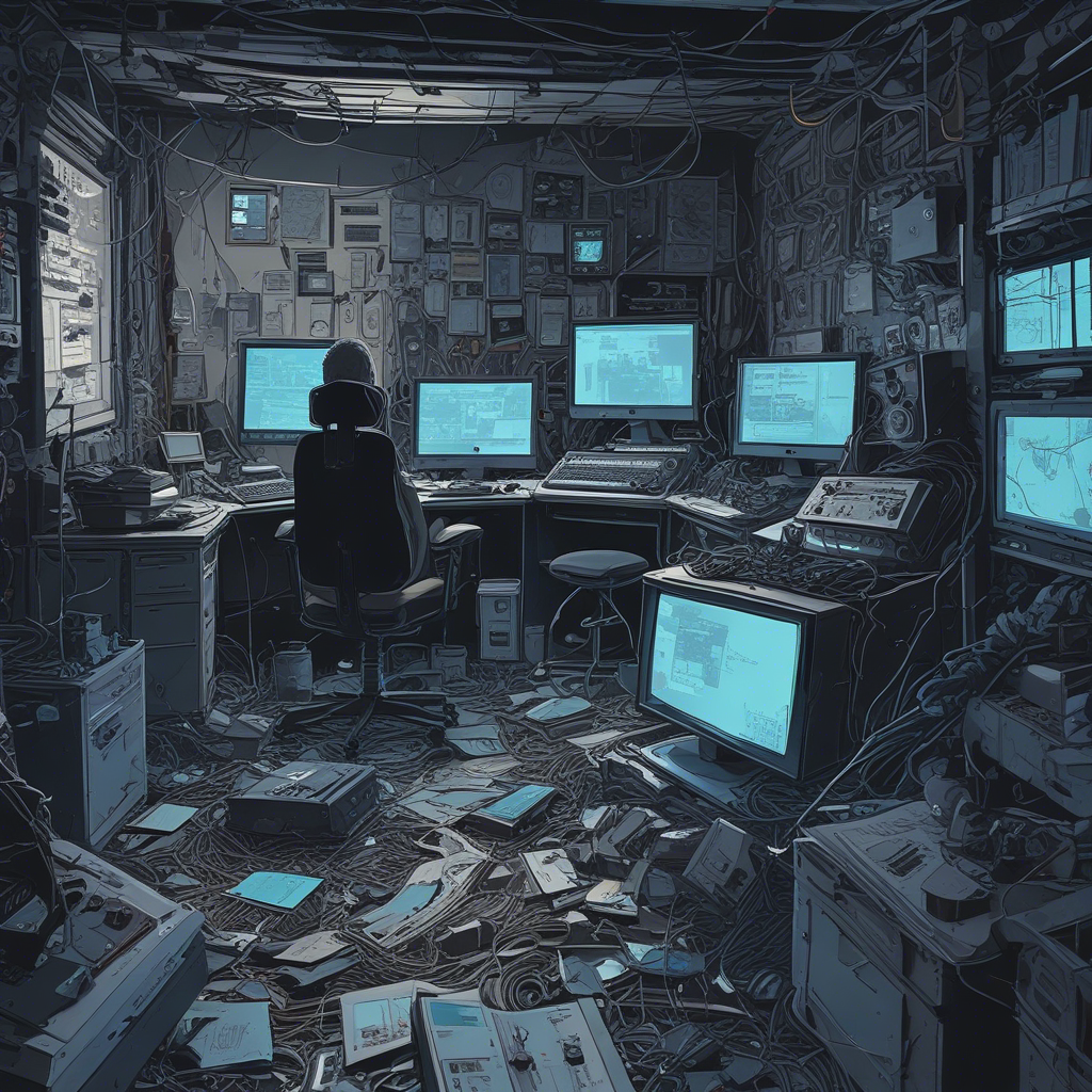 a solo developer sitting at a desk, looking stressed with multiple monitors showing error messages and logs, surrounded by tech gadgets ||pexels:works