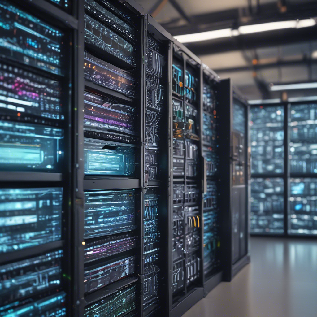a detailed shot of a computer server rack with PostgreSQL database interfaces open on screens, highlighting connections to data visualizations or sear
