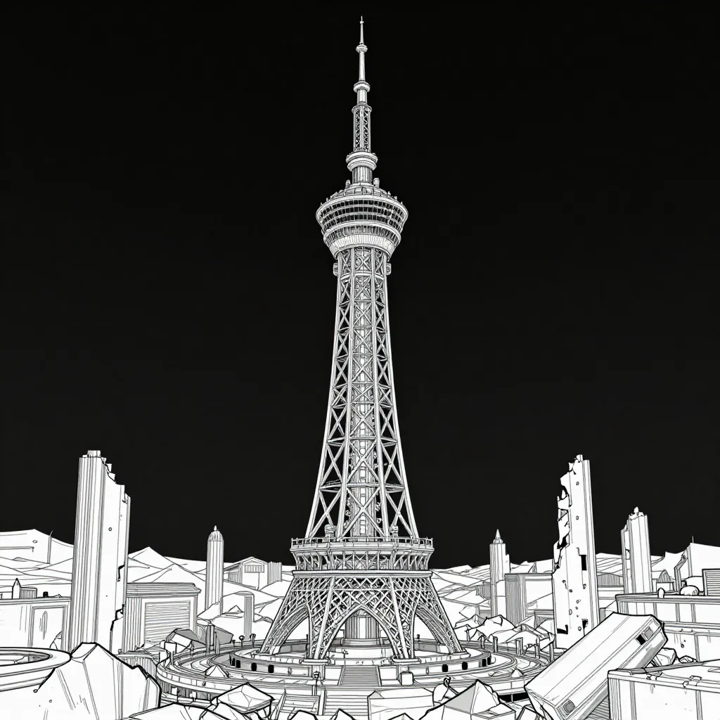 Black-and-white line drawing of a tall lattice tower surrounded by broken buildings against a dark background.