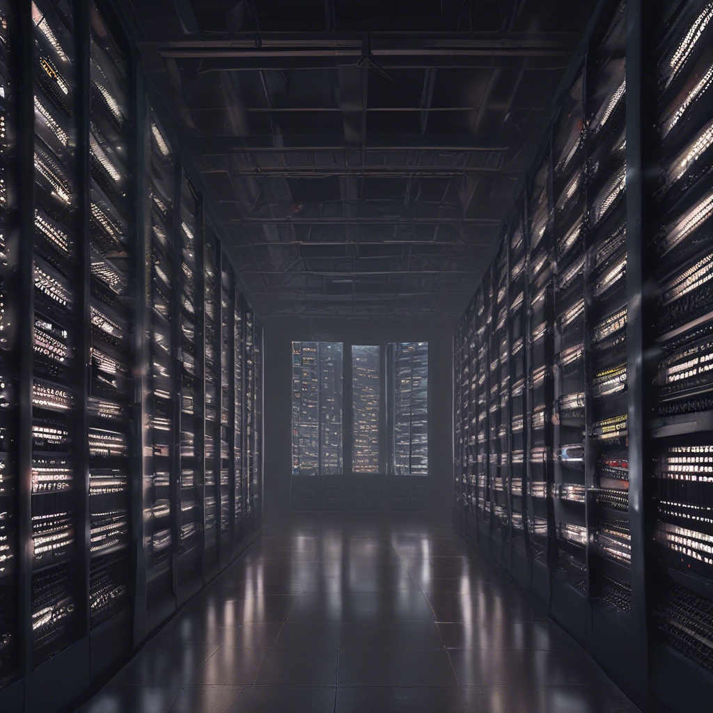 A close-up shot of a server room with rows of blinking servers, highlighting the physical infrastructure involved in AI computations.