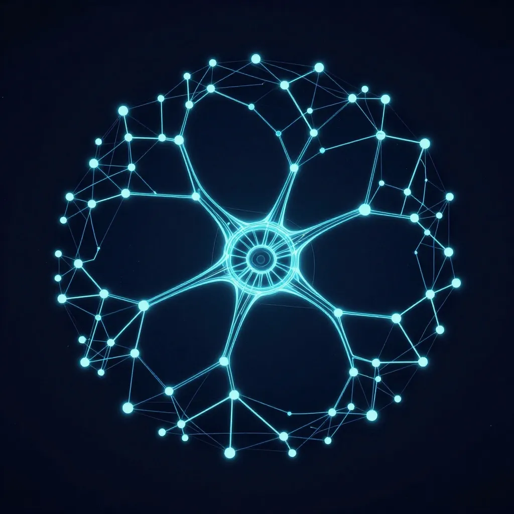 Blue glowing nodes connected by lines form a circular network on dark background.
