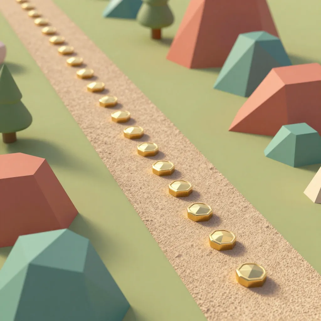 Golden hexagonal coins line a sandy path, with low-poly green trees and teal/pink geometric shapes around.