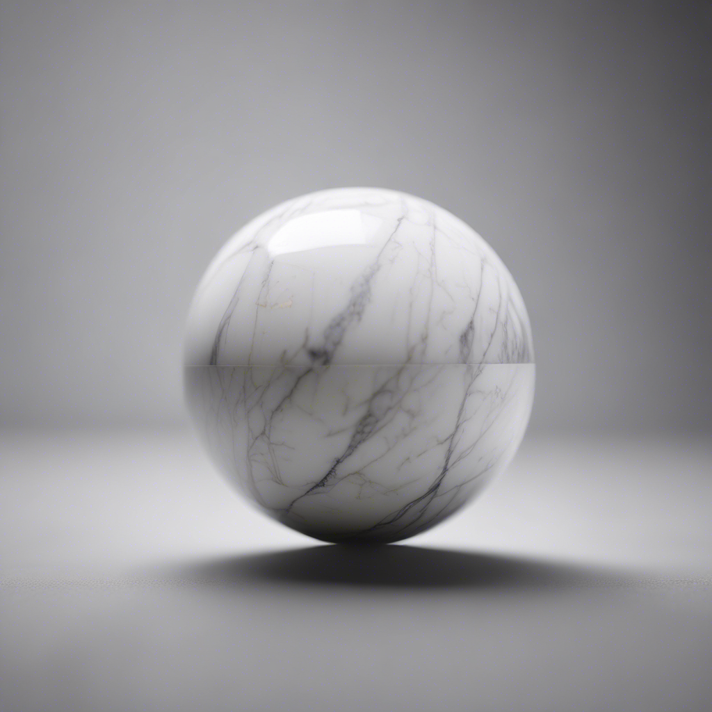 White marble sphere with gray veining rests on a smooth gray surface.